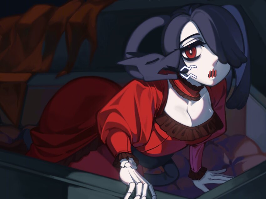 1girl alternate_color alternate_costume bags_under_eyes blue_eyes blue_hair breasts bright_pupils choker cleavage closed_eyes coffin dress hair_over_one_eye highres i3corel juliet_sleeves lace lace_choker leviathan_(skullgirls) long_sleeves looking_at_viewer open_mouth pillow puffy_sleeves skeletal_hand skullgirls solo squigly_(skullgirls) stitched_mouth stitches white_pupils yawning zombie