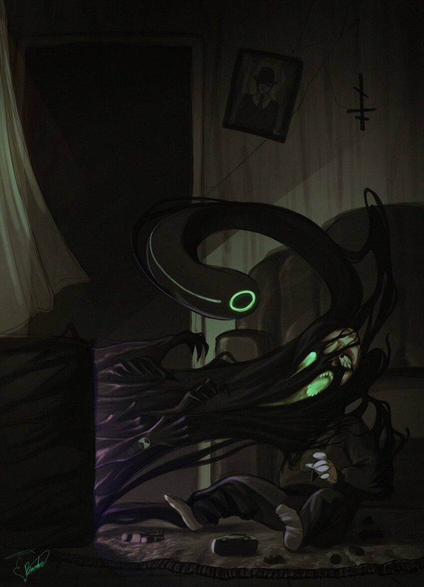 alien ben_10 child highres horror_(theme) indoors long_sleeves mobzeroone monster pants signature sitting sweater teeth television upgrade_(ben_10)