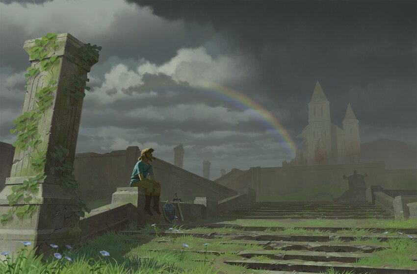 1boy blonde_hair blue_shirt blue_tunic boots brown_boots champion&#039;s_tunic_(zelda) closed_eyes column dark flower grass grey_sky guardian_(zelda) highres hylian_shield hyrule_castle knee_boots leaf link long_sidelocks low_ponytail madsraa master_sword nintendo pillar pointy_ears ponytail rainbow rubble shield shirt short_ponytail sidelocks sitting sky solo sword the_legend_of_zelda the_legend_of_zelda:_breath_of_the_wild tunic weapon