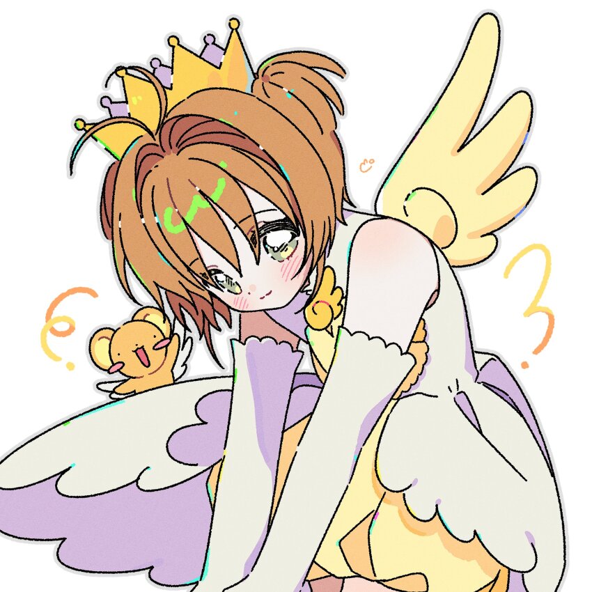 1girl bloomers blush brown_hair cardcaptor_sakura closed_mouth commentary cowboy_shot crown dress elbow_gloves gloves green_eyes highres kero_(cardcaptor_sakura) kinomoto_sakura kinomoto_sakura_(miraculous_sakura) leaning_forward short_hair simple_background sleeveless sleeveless_dress smile solo symbol-only_commentary underwear white_background white_dress white_gloves wings yalmyu yellow_bloomers