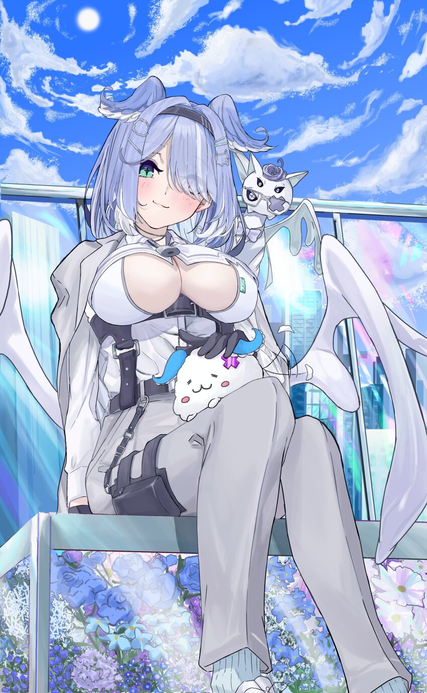 1girl :3 absurdres aqua_eyes blue_sky blush breasts chest_harness cleavage_cutout clothing_cutout cross-shaped_pupils dontsu elira_pendora elira_pendora_(4th_costume) hair_over_one_eye hairband harness head_wings highres jacket jacket_on_shoulders large_breasts lock_necklace looking_at_viewer low_wings medium_hair nijisanji nijisanji_en on_bench pants petting pikl_(elira_pendora) sitting sky socks symbol-shaped_pupils tail tail_wagging virtual_youtuber weewa_(elira_pendora) wings