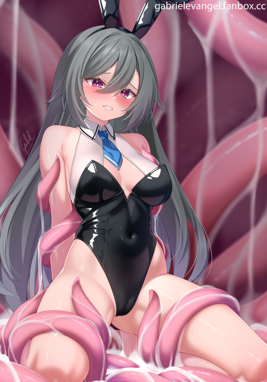1girl animal_ears arms_behind_back artist_name bare_legs blush breasts cleft_of_venus collar covered_erect_nipples gabriel_evangel grey_hair hair_between_eyes highres honkai_(series) honkai_impact_3rd kneeling long_hair looking_down medium_breasts necktie playboy_bunny pussy rabbit_ears red_eyes signature slime_(substance) solo spread_legs tentacle_pit tentacles thighs very_long_hair vita_(honkai_impact)