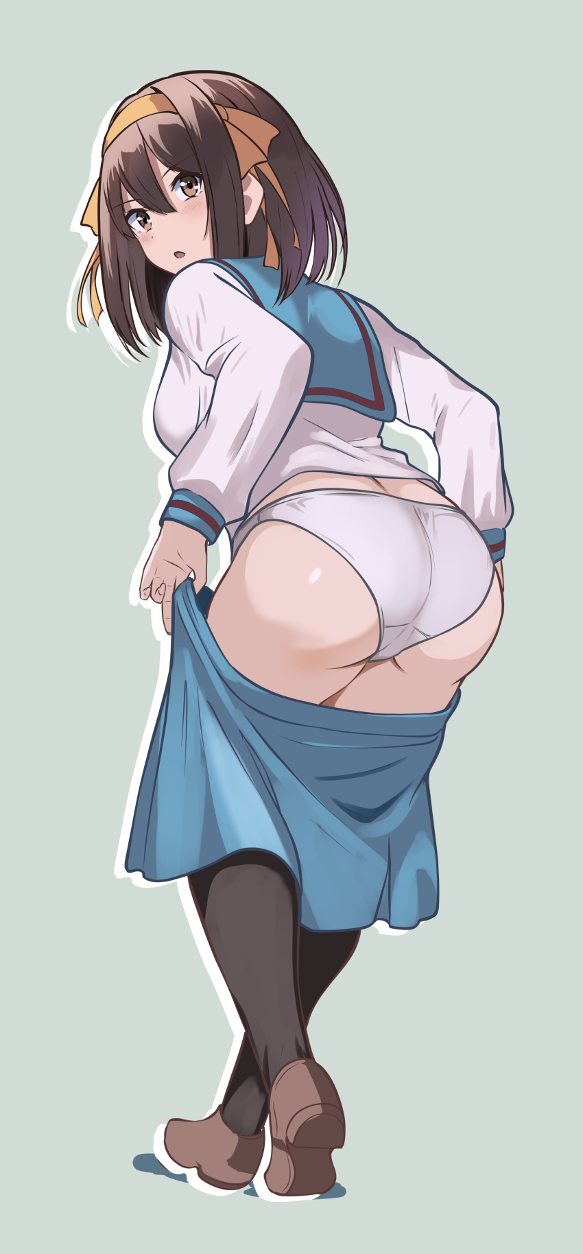 1girl :o absurdres ass black_thighhighs blue_sailor_collar blue_skirt borgbutler breasts brown_eyes brown_hair clothes_pull full_body grey_background hairband highres kita_high_school_uniform medium_hair orange_hairband panties pulling_own_clothes sailor_collar school_uniform shirt shoes simple_background skirt skirt_pull solo suzumiya_haruhi suzumiya_haruhi_no_yuuutsu thighhighs underwear undressing white_panties white_shirt winter_uniform