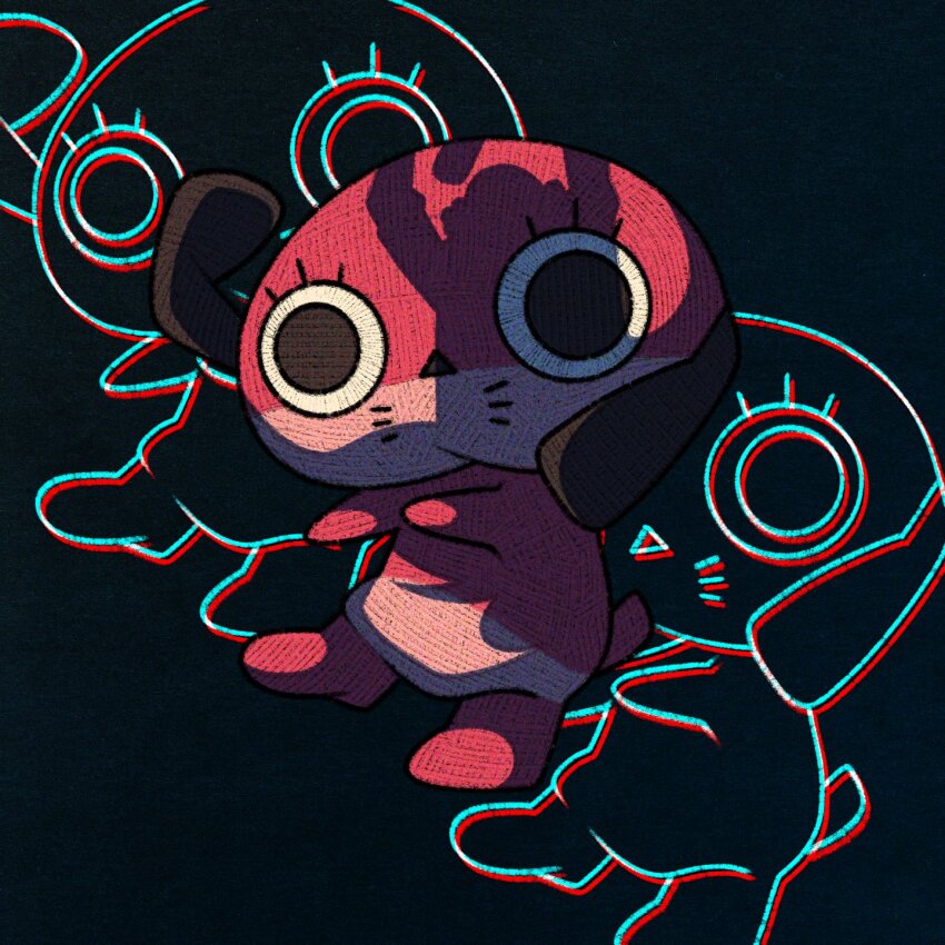 animal_focus black_background black_eyes chromatic_aberration commentary cryptidhermit english_commentary eyelashes full_body highres looking_at_viewer maromi mousou_dairinin no_humans shadow solo stuffed_animal stuffed_dog stuffed_toy