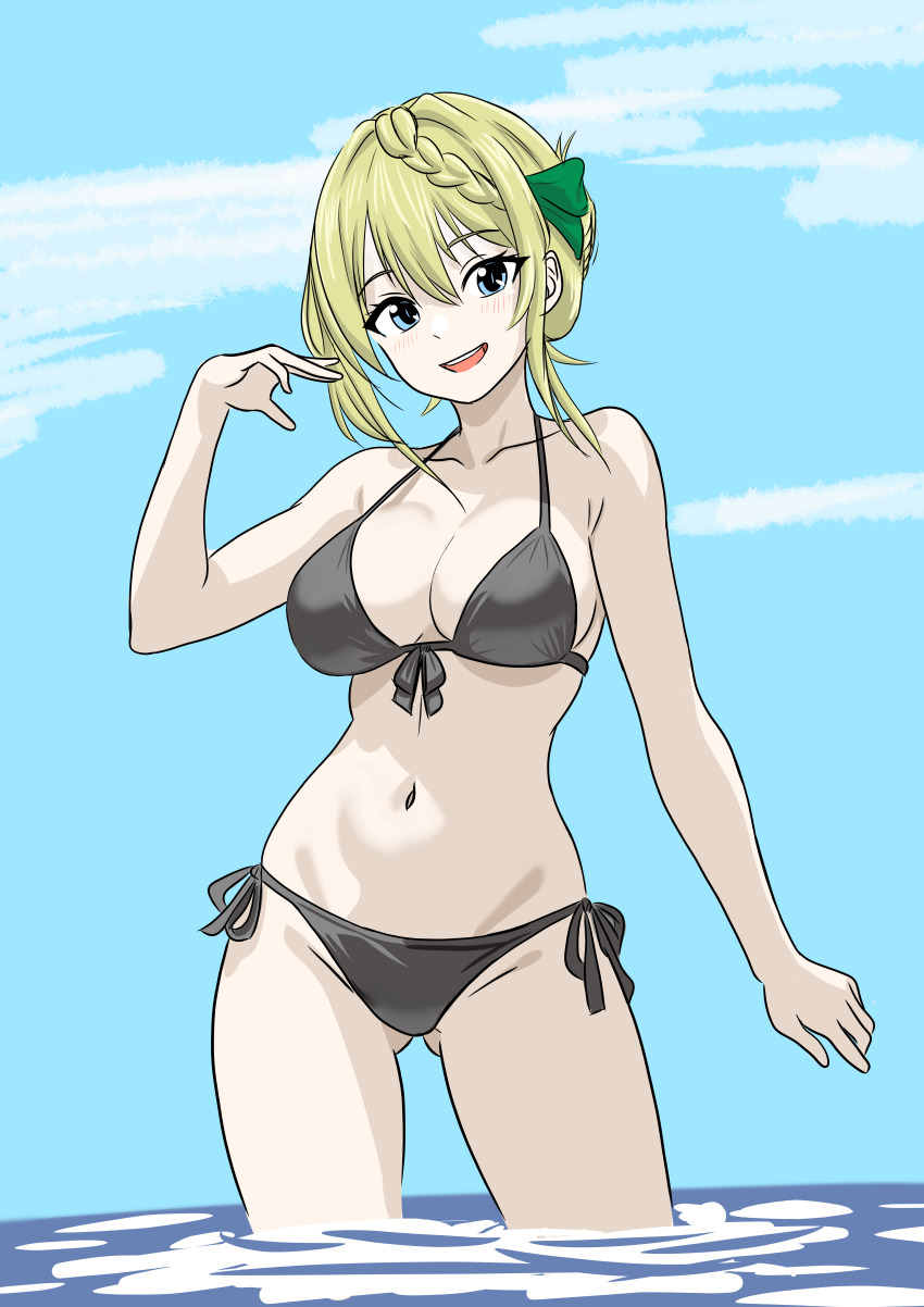 1girl absurdres alternate_costume bikini black_bikini blonde_hair blue_eyes blue_sky bone_namu(namu49850) braid braided_bangs braided_bun cloud commentary_request front-tie_bikini_top front-tie_top hair_bun highres kantai_collection long_hair navel perth_(kancolle) side-tie_bikini_bottom sky solo swimsuit wading water