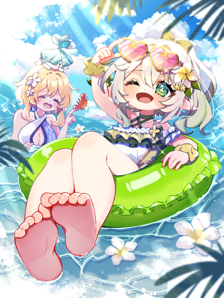 2girls ;d absurdres adjusting_eyewear alternate_costume arm_up bare_shoulders barefoot bikini blue_sky blush breasts cleavage closed_eyes cloud collarbone commentary_request day eyewear_on_head feet flower foot_focus genshin_impact gradient_hair green_eyes green_hair green_innertube hair_flower hair_ornament heart heart-shaped_eyewear highres leaf_hair_ornament long_hair looking_at_viewer lumine_(genshin_impact) medium_breasts multicolored_hair multiple_girls nahida_(genshin_impact) oishii_sasa on_innertube one_eye_closed open_mouth outdoors pink-tinted_eyewear pointy_ears short_hair_with_long_locks sky smile star-shaped_pupils star_(symbol) sunlight swimsuit symbol-shaped_pupils tinted_eyewear toes water wet white_flower white_hair yellow-framed_eyewear