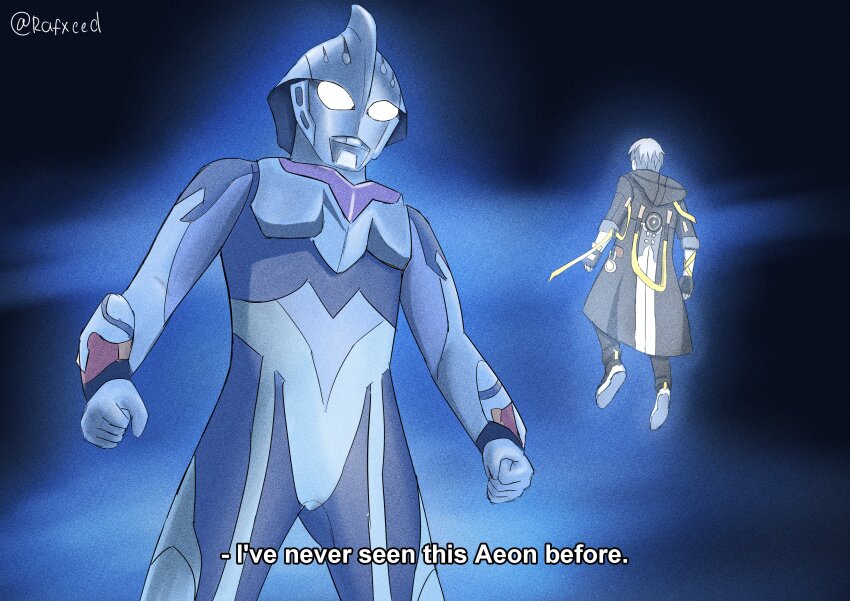 2boys absurdres alien black_coat black_gloves caelus_(honkai:_star_rail) coat crossover dorsal_fin english_text fake_screenshot fingerless_gloves floating from_behind gloves glowing grey_hair highres honkai:_star_rail honkai_(series) hood hooded_coat multiple_boys rafxeed subtitled tokusatsu trailblazer_(honkai:_star_rail) ultra_series ultraman_nexus ultraman_nexus_(series)