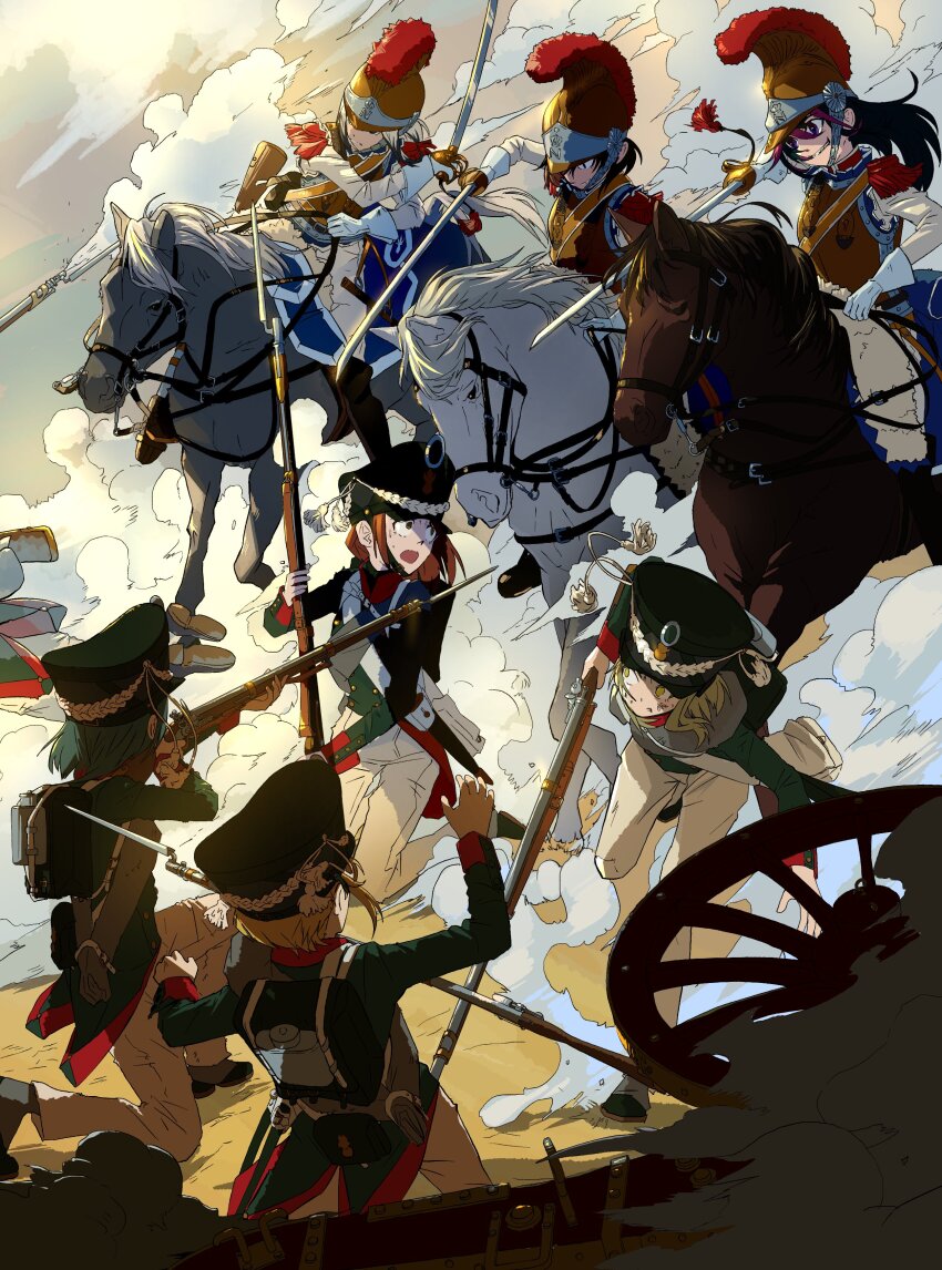 6+girls absurdres aiming ammunition_pouch animal antique_cannon antique_firearm armor army basket_hilt battle bayonet black_footwear black_tunic blonde_hair boots breastplate brown_hair brown_horse buttons cavalry cavalry_sword charging_forward chasing commentary_request cuirass cuirassier double-breasted epaulettes firearm firelock fleeing flintlock france french_army french_clothes gaiters gloves gun hat helmet highres holding holding_gun holding_reins holding_sword holding_weapon horse horseback_riding incoming_attack knee_boots line_infantry load_bearing_equipment long_hair long_sleeves mess_kit military military_hat military_uniform multiple_girls musket on_one_knee original pants pouch reins riding riding_boots running saber_(weapon) saddle scabbard scared shako_cap sheath short_hair smoke soldier standing sword teeth tunic weapon white_gloves white_horse white_pants zeinikunosekai