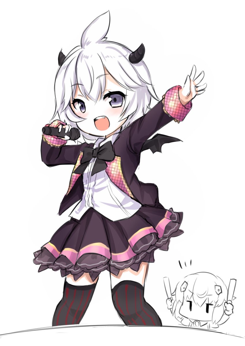 2girls absurdres azur_lane bow bulldog_(azur_lane) commentary_request glowstick highres holding holding_glowstick kinomiki_nobori looking_at_viewer microphone multiple_girls music official_alternate_costume one-hour_drawing_challenge open_mouth shirt simple_background singing skirt smile stage striped_clothes striped_thighhighs thighhighs u-110_(azur_lane) u-110_(garnished_supershark)_(azur_lane) vertical-striped_clothes vertical-striped_thighhighs white_hair white_shirt wings