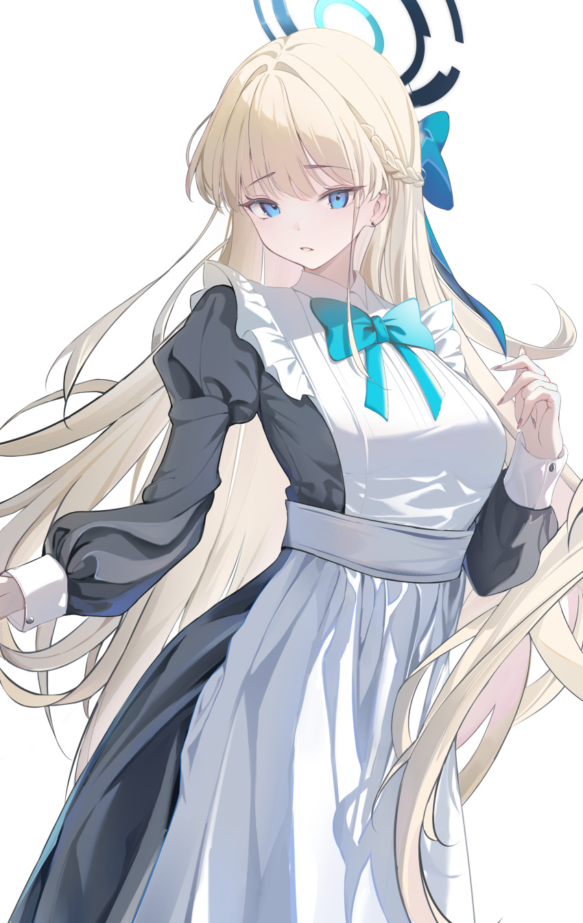 1girl 1nstill absurdres apron black_dress blonde_hair blue_archive blue_bow blue_eyes bow braid closed_mouth dress earrings hair_bow halo highres jewelry long_hair looking_at_viewer maid maid_apron official_alternate_hairstyle solo stud_earrings toki_(blue_archive) white_apron