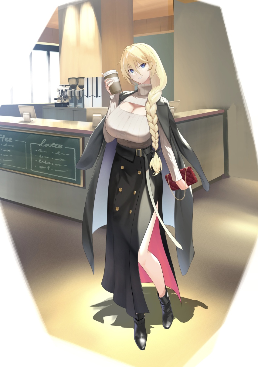 1girl absurdres alternate_costume azur_lane bag belt bismarck_(azur_lane) black_belt black_coat black_footwear black_skirt blonde_hair blue_eyes braid breasts cafe cleavage cleavage_cutout clothing_cutout clutch_purse coat coat_on_shoulders coffee coffee_maker coffee_siphon commentary_request counter cup disposable_coffee_cup disposable_cup full_body hair_between_eyes hair_over_shoulder handbag highres holding holding_cup huge_breasts indoors lom_(lom_lom_8) long_hair long_skirt menu menu_board ribbed_sweater side_slit single_braid skirt smile standing sweater tablet_pc turtleneck turtleneck_sweater white_background window