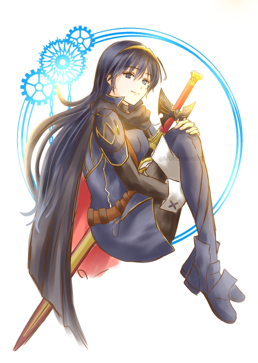 1girl armor belt blue_boots blue_cape blue_pants blue_vest boots brand_of_the_exalt breasts cape eyelashes falchion_(fire_emblem) female_focus fingerless_gloves fingernails fire_emblem fire_emblem_awakening floating from_side full_body gears gloves hair_between_eyes hand_on_own_knee happy highres intelligent_systems knees_to_chest long_hair long_sleeves looking_at_viewer lucina_(fire_emblem) mask matching_hair/eyes moverabbit0305 pants scabbard sheath shoulder_armor sidelocks small_breasts smile symbol_in_eye thigh_boots tiara unworn_mask vest