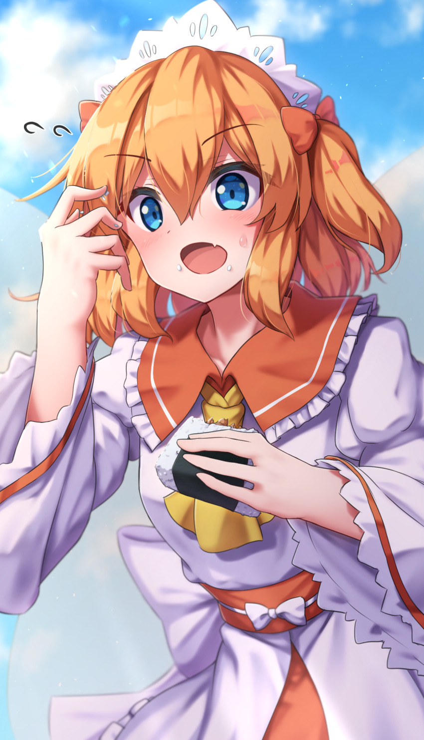 1girl ascot blue_eyes blush bow commentary_request commission cowboy_shot day fairy_wings fang flying_sweatdrops food food_on_face frilled_shirt_collar frills hair_between_eyes hair_bow hand_up headdress highres holding holding_food long_sleeves medium_hair onigiri open_mouth orange_hair outdoors red_bow rice rice_on_face shirt skin_fang skirt solo sunny_milk touhou two_side_up white_shirt white_skirt wide_sleeves wings yellow_ascot yosshy