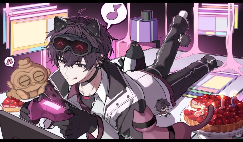 1boy :q ahoge animal_ears black_choker black_gloves black_jacket black_pants black_shirt box cake_stand candle cat character_doll choker closed_mouth collarbone commentary_request computer controller crossed_bangs doll ear_piercing earrings fake_animal_ears fire food game_controller gift gift_box gloves hair_between_eyes hands_up highres holding holding_controller holding_game_controller jacket jewelry letterboxed licking_lips long_sleeves lying male_focus monitor multicolored_jacket multicolored_shirt musical_note nijisanji on_stomach open_clothes open_jacket pants paw_earrings pie pie_slice piercing plate purple_eyes purple_hair purple_shirt ra_mentanaka saiki_ittetsu saiki_ittetsu_(1st_costume) shirt short_hair smile socks solo speech_bubble spoken_musical_note tongue tongue_out v-shaped_eyebrows virtual_youtuber white_jacket white_shirt white_socks