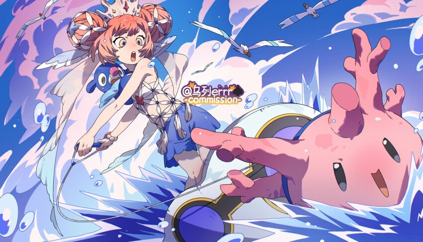 1girl :d bare_shoulders bikini bird black_dress blue_shorts blue_sky bracelet corsola crown double_bun dress gen_2_pokemon gen_3_pokemon gen_7_pokemon hair_bun highres jewelry looking_at_another looking_at_viewer nintendo on_shoulder open_mouth outdoors pink_hair pokemon pokemon_(creature) pokemon_on_shoulder popplio sea_lion seashell shell short_hair shorts sky smile standing surfing swimsuit upper_body water white_bikini wingull wulie_errr yellow_eyes