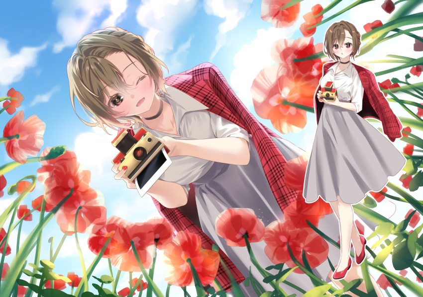 1girl arami_o_8 black_choker blue_sky blush breasts brown_eyes brown_hair camera choker cloud collared_shirt commentary english_commentary flower full_body german_commentary grey_skirt hair_between_eyes highres holding holding_camera jacket jacket_on_shoulders large_breasts meiko_(vocaloid) mixed-language_commentary one_eye_closed outline plaid_clothes plaid_jacket red_flower red_footwear red_jacket shirt skirt sky standing tongue vocaloid white_outline white_shirt