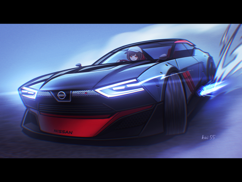 1girl baseball_cap brown_eyes brown_hair car driving glowing hat highres kai55 letterboxed light_trail looking_at_viewer motor_vehicle nismo nissan nissan_idx original shadow short_hair smile smoke solo sports_car vehicle_focus white_hat