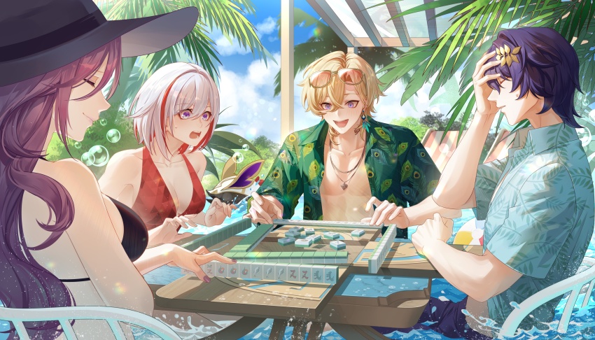 2boys 2girls absurdres aventurine_(honkai:_star_rail) bikini black_bikini blonde_hair blue_eyes blue_shirt blue_sky breasts bubble closed_eyes cloud collared_shirt dr._ratio_(honkai:_star_rail) eyewear_on_head facepalm feather_print fei_jifeng0808 green_shirt hair_between_eyes hat highres honkai:_star_rail honkai_(series) jade_(honkai:_star_rail) jewelry long_hair mahjong mahjong_tile male_focus medium_breasts multicolored_eyes multicolored_hair multiple_boys multiple_girls necklace numby_(honkai:_star_rail) open_clothes open_mouth open_shirt palm_tree partially_submerged purple_eyes purple_hair purple_nails red_bikini red_hair shirt short_hair sitting sky streaked_hair swimsuit toned toned_male topaz_(honkai:_star_rail) tree trotter_(honkai:_star_rail) two-tone_eyes white_hair