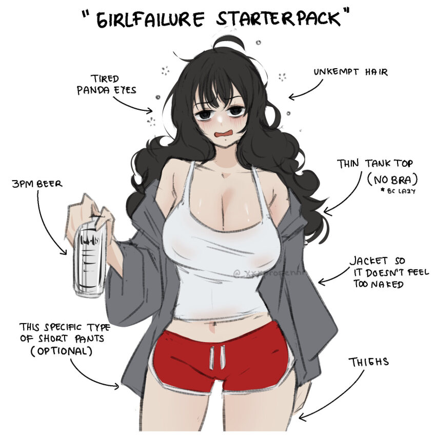 1girl arrow_(symbol) beer_can black_hair breasts can cleavage commentary diagram drink_can drunk english_commentary english_text grey_jacket hair_between_eyes highres holding jacket jacket_partially_removed large_breasts long_hair looking_at_viewer mamaprofennn navel off_shoulder open_mouth original red_shorts shirt shorts solo tank_top white_background white_tank_top