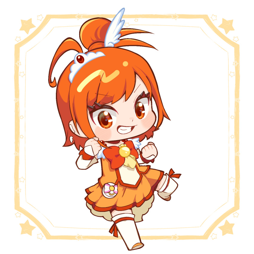 1girl arm_warmers bike_shorts bike_shorts_under_skirt blush boots bow bowtie brooch chibi choker cure_sunny hair_bun hair_ornament highres hino_akane_(smile_precure!) jewelry magical_girl open_mouth orange_boots orange_bow orange_bowtie orange_choker orange_eyes orange_hair orange_shirt orange_shorts orange_skirt plv_276 precure shirt short_hair short_sleeves shorts single_hair_bun skirt smile_precure! solo tiara wing_hair_ornament