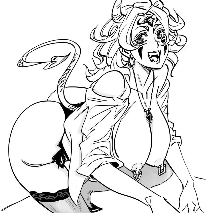 1girl :d bare_shoulders bb_(baalbuddy) black_panties breast_piercing breasts curly_hair demon_girl demon_horns demon_tail facial_mark fangs female_focus greyscale highres horns jewelry large_breasts looking_at_viewer medium_hair monochrome necklace nipples open_mouth original panties short_sleeves side-tie_panties simple_background smile solo tail thighhighs third_eye topless_female underwear white_background