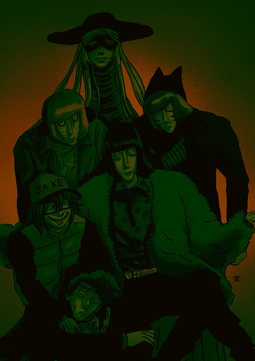 1girl 5boys absurdres ammunition_belt animal_hat baseball_cap brown_background cat_hat coat crossed_legs facial_mark fur_coat glasses gradient_background green_background hat highres human_head jacket looking_at_viewer luther_von_ivory multiple_boys nana_(randal&#039;s_friends) nyen_(randal&#039;s_friends) nyon_(randal&#039;s_friends) randal&#039;s_friends randal_ivory sebastian_de_tomato_smith_chicken_legs shirt short_hair snake_girl sun_hat tel_(tl_358) vest whisker_markings