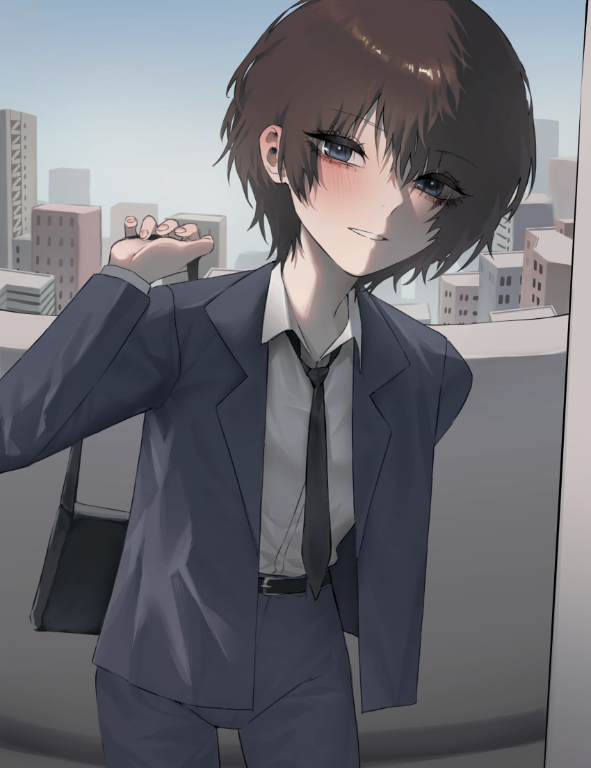 1girl absurdres bag belt black_belt black_necktie blush brown_hair building collared_shirt grey_jacket grey_pants hallway hand_up highres holding holding_bag jacket looking_at_viewer necktie open_clothes open_jacket original pants parted_lips purple_eyes railing shirt shirt_tucked_in short_hair smile solo tyrezal white_shirt