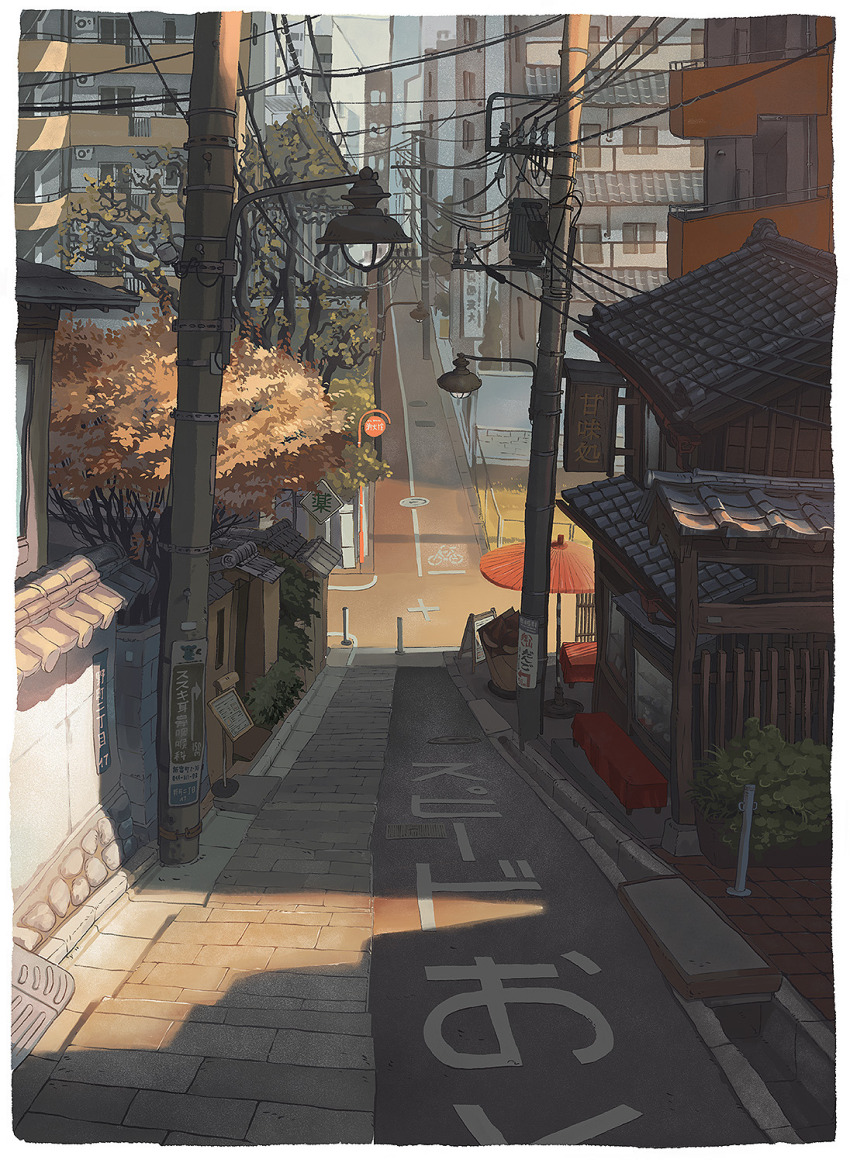 alley architecture balcony bench bollard border building bush chain-link_fence city cityscape commentary condenser_unit day east_asian_architecture english_commentary fence gom_jabbar grass grey_sky highres lamppost manhole_cover no_humans original pachio_(patioglass) patio_umbrella photoshop_(medium) poster_(object) power_lines procreate_(medium) restaurant road road_sign shadow sidewalk sign sky storm_drain street tile_roof transformer tree utility_pole white_border window