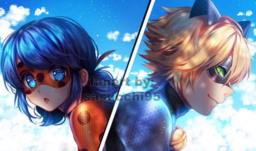 1boy 1girl animal_ears bell black_bodysuit black_mask blonde_hair blue_eyes blue_hair blue_sky bodysuit cat_ears chat_noir closed_mouth cloud colored_sclera commentary day english_commentary eye_mask fake_animal_ears green_eyes green_sclera highres ladybug_(character) light_particles looking_at_viewer looking_back miraculous_ladybug neck_bell open_mouth portrait profile red_bodysuit red_mask sasucchi95 short_hair short_twintails sideways_glance sky slit_pupils smile superhero_costume three_quarter_view tongue twintails two-tone_bodysuit watermark