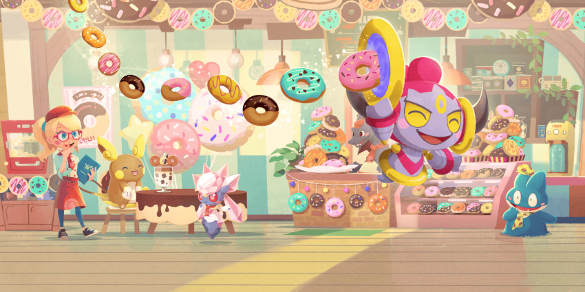 1girl alolan_form alolan_raichu alternate_color apron artist_request black_footwear blonde_hair blue_eyes blue_pants blush blush_stickers chair charizard chocolate_donut closed_eyes closed_mouth covering_own_mouth diancie donut fangs floating food gem gen_1_pokemon gen_4_pokemon gen_6_pokemon gen_7_pokemon hand_over_own_mouth hat highres holding hoopa hoopa_(confined) horns indoors leah_(pokemon) legendary_pokemon long_hair munchlax munchlax_(munch_time) mythical_pokemon nintendo official_alternate_color official_art open_mouth pants pink_gemstone pokemon pokemon_(creature) pokemon_cafe_remix ponytail portal_(object) red_apron red_eyes red_hat shiny_pokemon shirt shoes smile table teeth third-party_source upper_teeth_only white_shirt