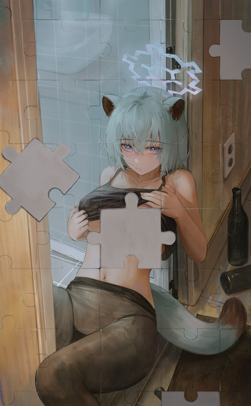 1girl absurdres animal_ears aqua_eyes aqua_hair black_pantyhose blue_archive bottle closed_mouth commentary flippy_(cripine111) hair_between_eyes halo highres indoors jigsaw_puzzle lifting_own_clothes looking_at_viewer navel no_pants pantyhose puzzle shigure_(blue_archive) solo stomach symbol-only_commentary tail weasel_ears weasel_girl weasel_tail wine_bottle