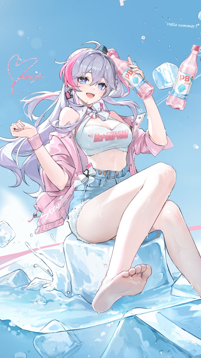 1girl absurdres ahoge alternate_costume bare_legs bare_shoulders barefoot black_choker blue_eyes blue_shorts bottle breasts choker cleavage criss-cross_halter crop_top cutoffs denim denim_shorts earrings feet halterneck hands_up heart heart-shaped_pupils high-waist_shorts highres holding holding_bottle ice ice_cube jacket jewelry kanami_(strinova) large_breasts long_hair looking_at_viewer midriff multicolored_hair off_shoulder official_art one_side_up open_clothes open_jacket open_mouth pink_jacket shirt short_shorts short_sleeves shorts sitting sleeveless sleeveless_shirt smile soles solo streaked_hair strinova sweatband symbol-shaped_pupils thighs toes two-tone_hair very_long_hair white_hair white_shirt