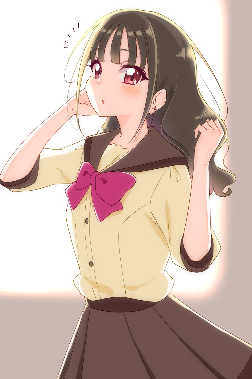 1girl absurdres blush bow bowtie brown_hair brown_sailor_collar brown_skirt dress_shirt highres long_hair nekoyashiki_mayu open_mouth pink_bow pink_bowtie pleated_skirt precure red_eyes sailor_collar school_uniform second_wangan_school_uniform shirt skirt solo sugimura_mickey wonderful_precure! yellow_shirt