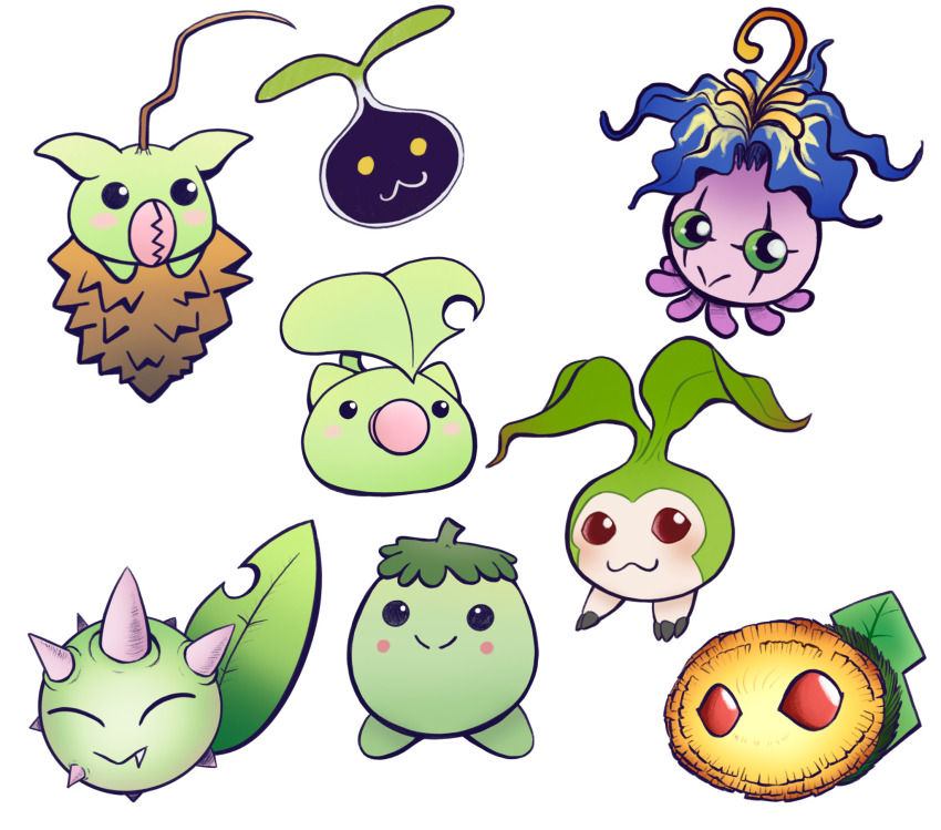 6+others budmon digimon digimon_(creature) highres leaf leafmon minomon multiple_others nyokimon pipimon popomon pyocomon simple_background tanemon white_background