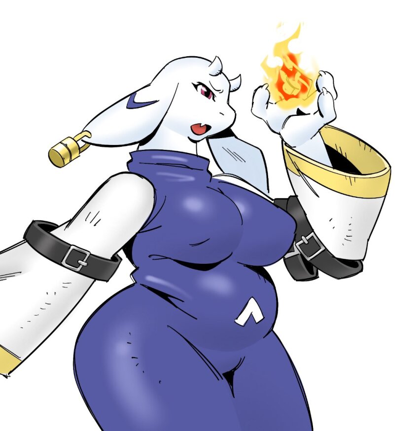 1girl adapted_costume alternate_costume animal_ear_piercing animal_ears belly blue_dress body_fur breasts claws covered_erect_nipples cowboy_shot curvy dress fang fire fireball furry furry_female goat_ears goat_girl goat_horns hand_up horns kewlbot large_breasts long_sleeves open_mouth parody plump profile pyrokinesis red_eyes redesign skin_fang style_parody toriel turtleneck turtleneck_dress undertale v-shaped_eyebrows watanabe_kenji_(style) white_fur white_sleeves wide_sleeves