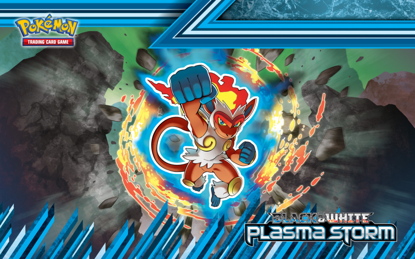archived_source artist_request blue_eyes border clenched_hands closed_mouth colored_sclera company_name copyright_logo copyright_name copyright_notice debris fire full_body gen_4_pokemon highres infernape nintendo nostrils official_art official_wallpaper outline outstretched_arm pokemon pokemon_(creature) pokemon_focus pokemon_tcg punching rock second-party_source smile solo v-shaped_eyes white_outline yellow_sclera