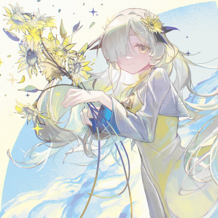 1girl blonde_hair dress flower grey_hair hair_flower hair_ornament hair_over_one_eye highres isekaijoucho kamitsubaki_studio long_hair looking_at_viewer multicolored_hair petals smile solo sunflower two-tone_hair very_long_hair wusubamineko