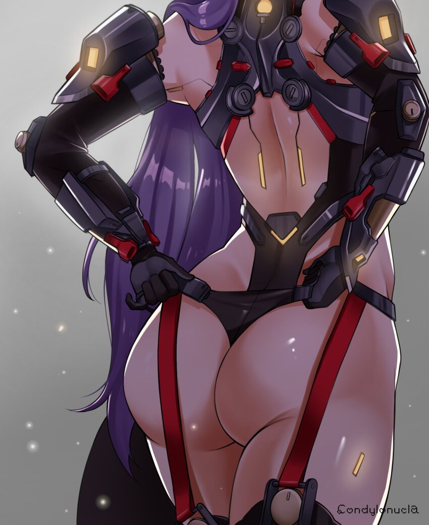 1girl adjusting_clothes android artist_name ass ass_focus back backless_leotard black_gloves black_leotard commentary condylonucla elbow_gloves english_commentary gloves glowing highleg highleg_leotard highres leotard long_hair poppi_(xenoblade) poppi_qtpi_(xenoblade) purple_hair solo very_long_hair xenoblade_chronicles_(series) xenoblade_chronicles_2