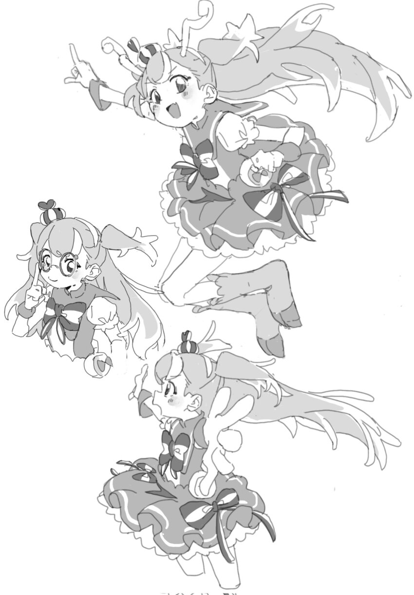 1girl antlers corrupted_twitter_file cropped_legs cropped_torso crown cure_wonderful deer_antlers dress fang glasses greyscale highres horns inukai_komugi long_hair magical_girl monochrome multicolored_hair multiple_views pantyhose pleated_dress precure puffy_short_sleeves puffy_sleeves ranirani short_sleeves simple_background skirt striped_clothes striped_pantyhose two-tone_hair two_side_up white_background wonderful_precure! wrist_cuffs