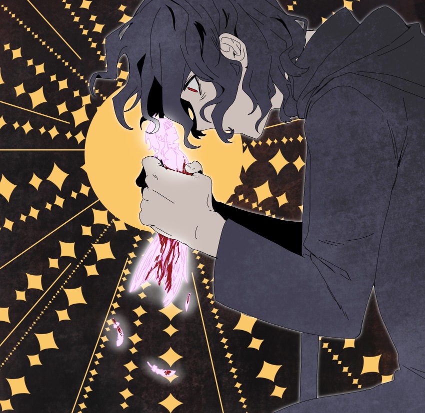 2boys alternate_eye_color black_coat black_hair blood bloody_wings chinese_commentary closed_eyes closed_mouth coat commentary_request falling_feathers feathered_wings feathers hatsutori_hajime highres holding holding_mini_person long_hair long_sleeves male_focus mini_person miniboy mrkkaochang multiple_boys red_eyes saibou_shinkyoku short_hair smile utsugi_noriyuki wings