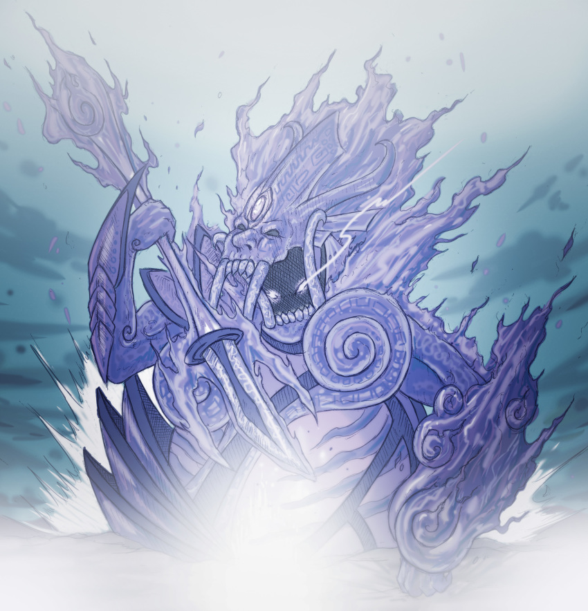 1boy arm_up aura blue_fire chakra fire giant glowing glowing_eyes hand_up highres holding holding_polearm holding_spear holding_weapon light_trail male_focus mask naruto_(classic) naruto_(series) polearm shield solo spear susanoo_(naruto) uchiha_izuna weapon