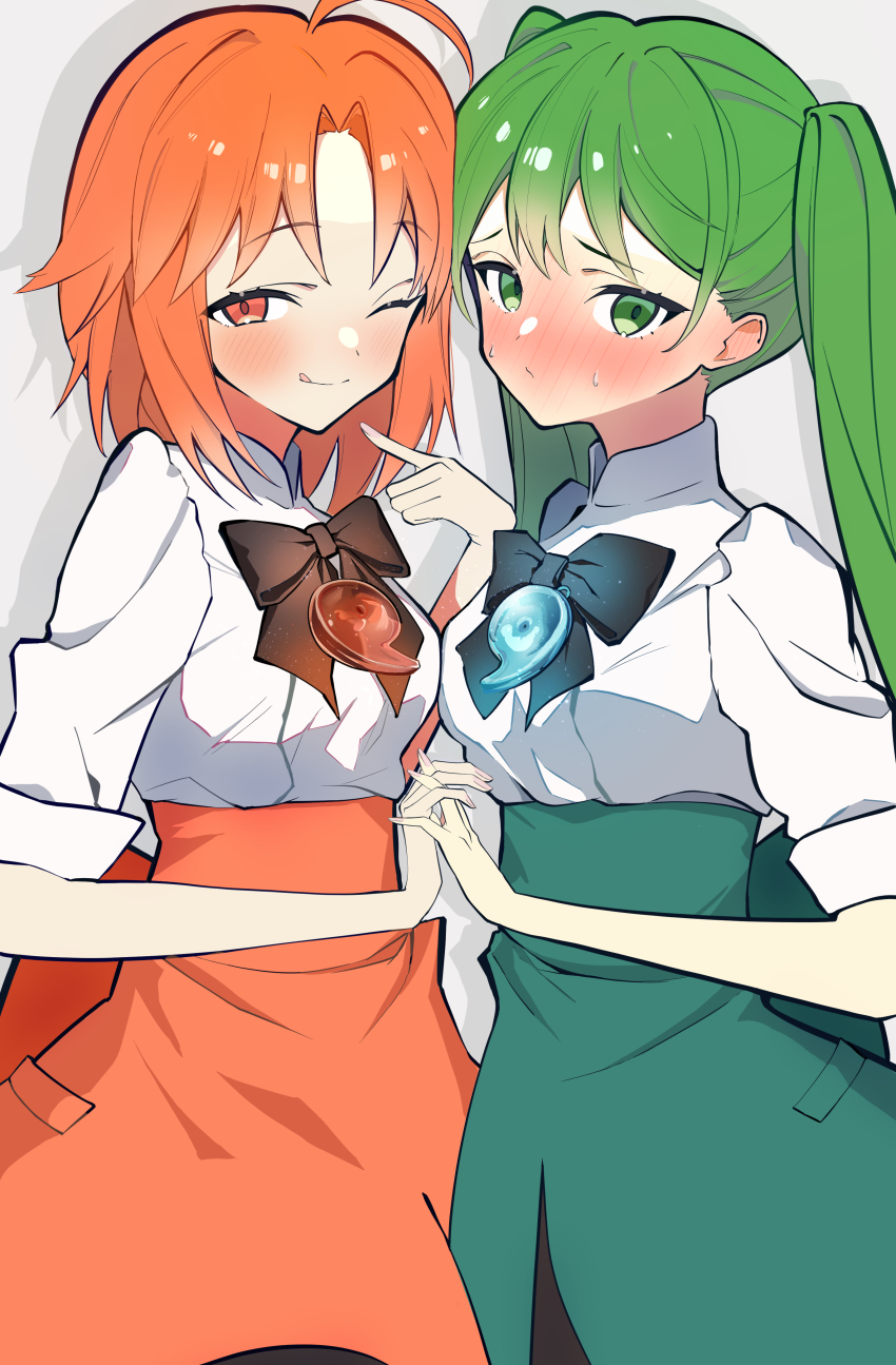 2girls absurdres ahoge apron black_skirt blush breasts fate/grand_order fate_(series) green_apron green_eyes green_hair hibino_hibiki highres katsuragi_chikagi long_hair looking_at_viewer magatama medium_breasts multiple_girls one_eye_closed orange_apron orange_eyes orange_hair shirt short_hair skirt smile twintails type-moon uriuriyukitti white_shirt