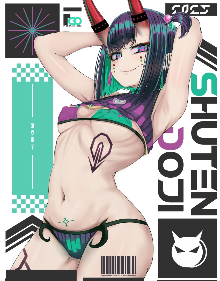1girl absurdres armpits arms_behind_head arms_up b.d bare_shoulders bikini breasts character_name eyeliner facial_mark fate/grand_order fate_(series) highres horns looking_at_viewer makeup navel oni purple_eyes purple_hair short_hair shuten_douji_(fate) skin-covered_horns small_breasts smile solo swimsuit