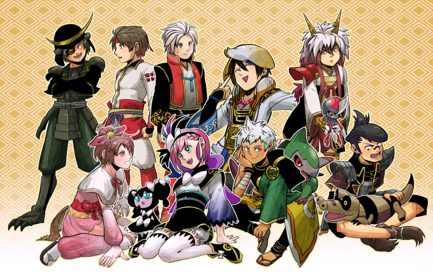 armor beret date_masamune date_masamune_(sengoku_musou) fake_horns feather_hair_ornament fraxure fukushima_masanori gen_5_pokemon gothorita hair_ornament hat helmet highres holding holding_pokemon horned_headwear horns hosokawa_gracia ishida_mitsunari ishida_mitsunari_(sengoku_musou) japanese_clothes kato_kiyomasa kimono kneeling nintendo oichi oichi_(sengoku_musou) on_lap pawniard pokemon pokemon_(creature) pokemon_conquest pokemon_on_lap sanada_nobuyuki sanada_yukimura sanada_yukimura_(sengoku_musou) sandile sengoku_musou sitting smile takenaka_hanbee_(sengoku_musou) takenaka_hanbei