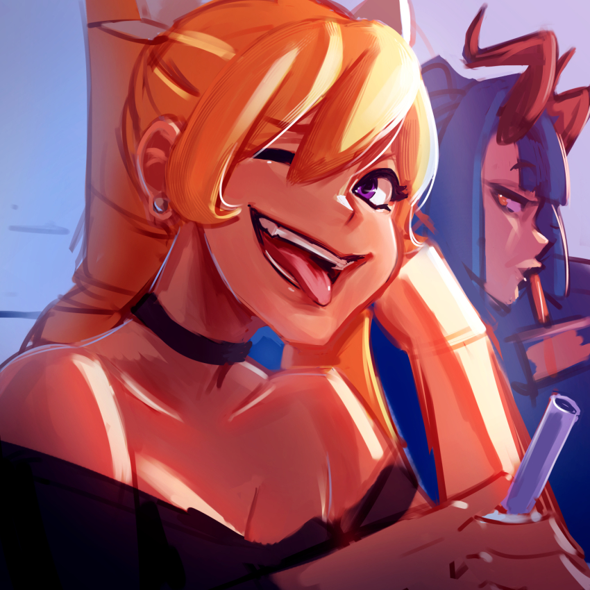 2girls black_choker black_shirt blonde_hair blue_hair breasts choker cleavage collarbone cosmikaizer drinking_straw earrings from_side hair_behind_ear highres horns jewelry lana_branford_(cosmikaizer) looking_at_viewer melody_goetia_(cosmikaizer) multiple_girls off-shoulder_shirt off_shoulder one_eye_closed orange_eyes original purple_eyes shirt sketch smile tongue tongue_out