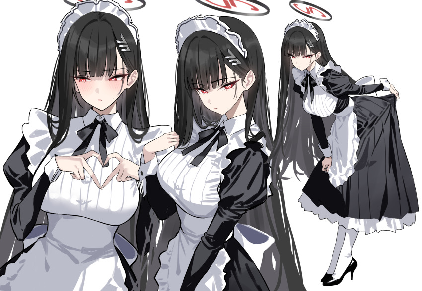 1girl apron black_dress black_hair blue_archive blush breasts dress full_body hair_ornament hairclip halo heart heart_hands high_heels highres large_breasts leaning_forward long_hair long_sleeves looking_at_viewer looking_to_the_side maid_headdress multiple_views red_eyes rio_(blue_archive) shigure_s white_apron