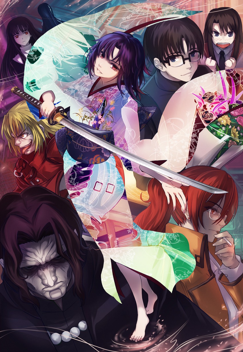 3boys 5girls angry aozaki_touko araya_souren asagami_fujino barefoot beads black_hair blonde_hair blue_eyes blush cigarette earrings floral_print fujou_kirie glasses highres jacket japanese_clothes jewelry kara_no_kyoukai katana kimono kokutou_azaka kokutou_mikiya light_smile long_hair multiple_boys multiple_girls necktie obi open_mouth ponytail prayer_beads red_eyes red_hair reien_girl&#039;s_academy_school_uniform ryougi_shiki sash school_uniform shirazumi_lio short_hair smile smoking sword todee tongue unmoving_pattern weapon yellow_eyes