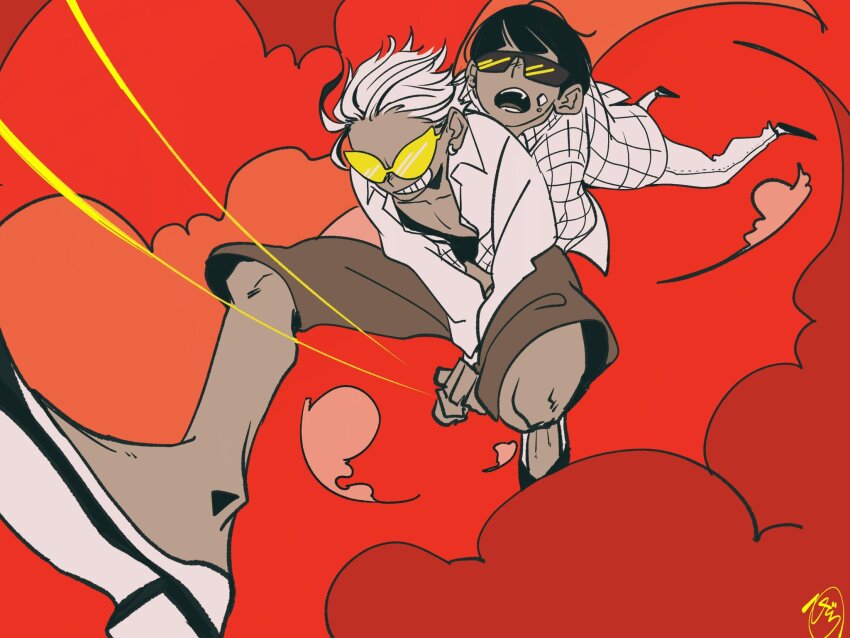 2boys aged_down black_hair cloud dark_skin donquixote_doflamingo feathers flying food food_on_face grin highres multiple_boys one_piece open_clothes open_mouth open_shirt red_background seraphim_(one_piece) shirt short_hair shorts smile string sunglasses vergo_(one_piece) white_hair white_shirt xa_xk03