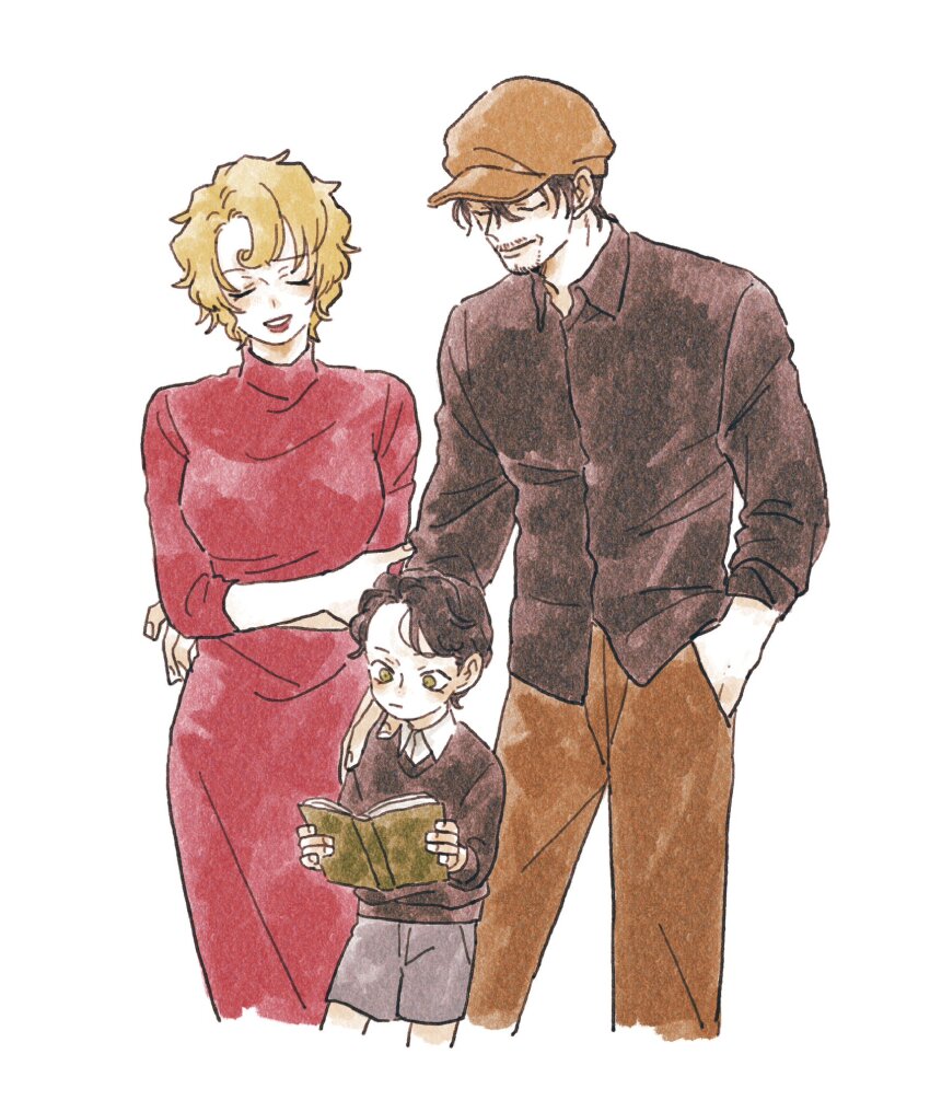 1girl 2boys akai_shuuichi akai_tsutomu beard_stubble black_hair book child closed_eyes cowboy_shot crossed_arms dress facial_hair family green_eyes hair_between_eyes hand_in_pocket hat highres holding holding_book long_dress long_sleeves mary_sera meitantei_conan multiple_boys nanteiiyoru red_dress red_lips short_hair shorts simple_background smile stubble white_background
