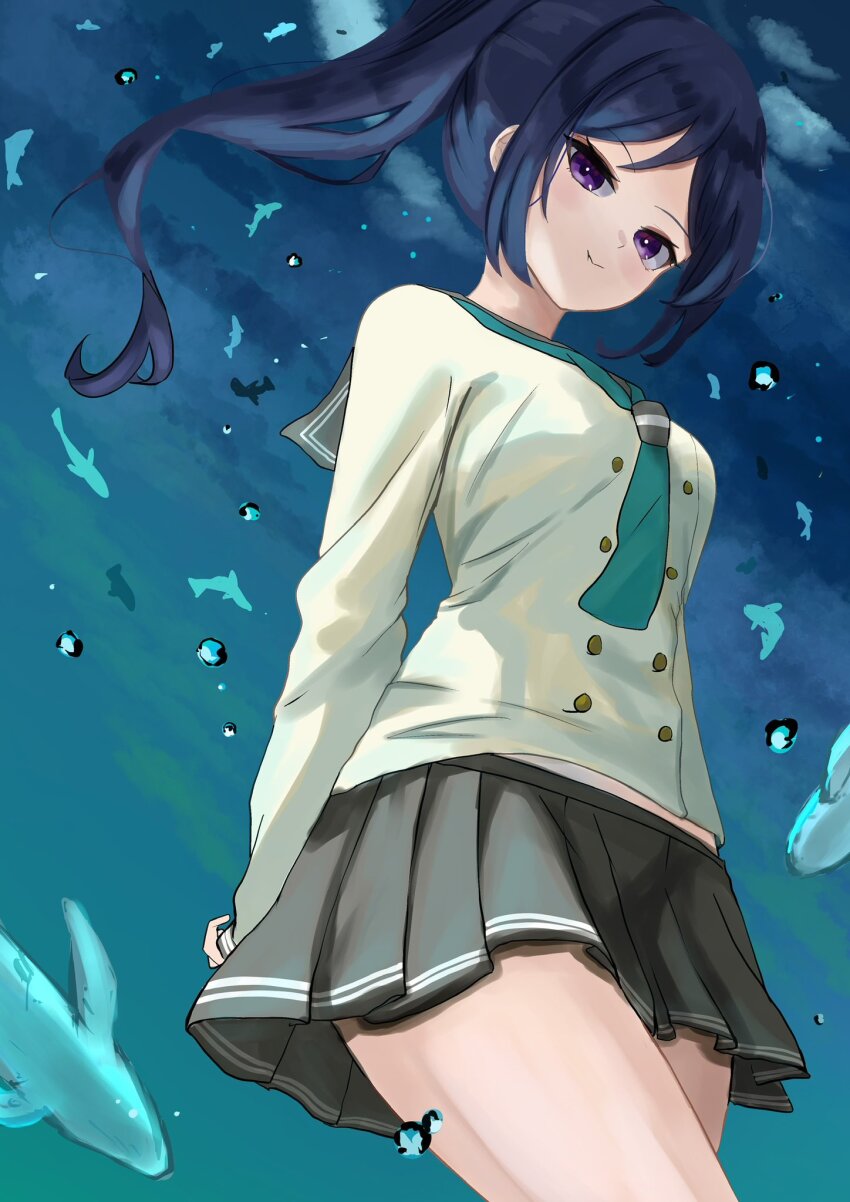 1girl air_bubble aqua_neckerchief blue_hair blue_sky breasts bubble buttons cloud commentary cowboy_shot dark_blue_hair double-breasted grey_sailor_collar grey_skirt hashtag-only_commentary high_ponytail highres jin_(oihlf) large_breasts long_hair long_sleeves love_live! love_live!_sunshine!! matsuura_kanan midriff_peek miniskirt neckerchief pleated_skirt ponytail purple_eyes sailor_collar school_uniform serafuku shirt skirt sky smile solo underwater uranohoshi_school_uniform whale white_shirt winter_uniform